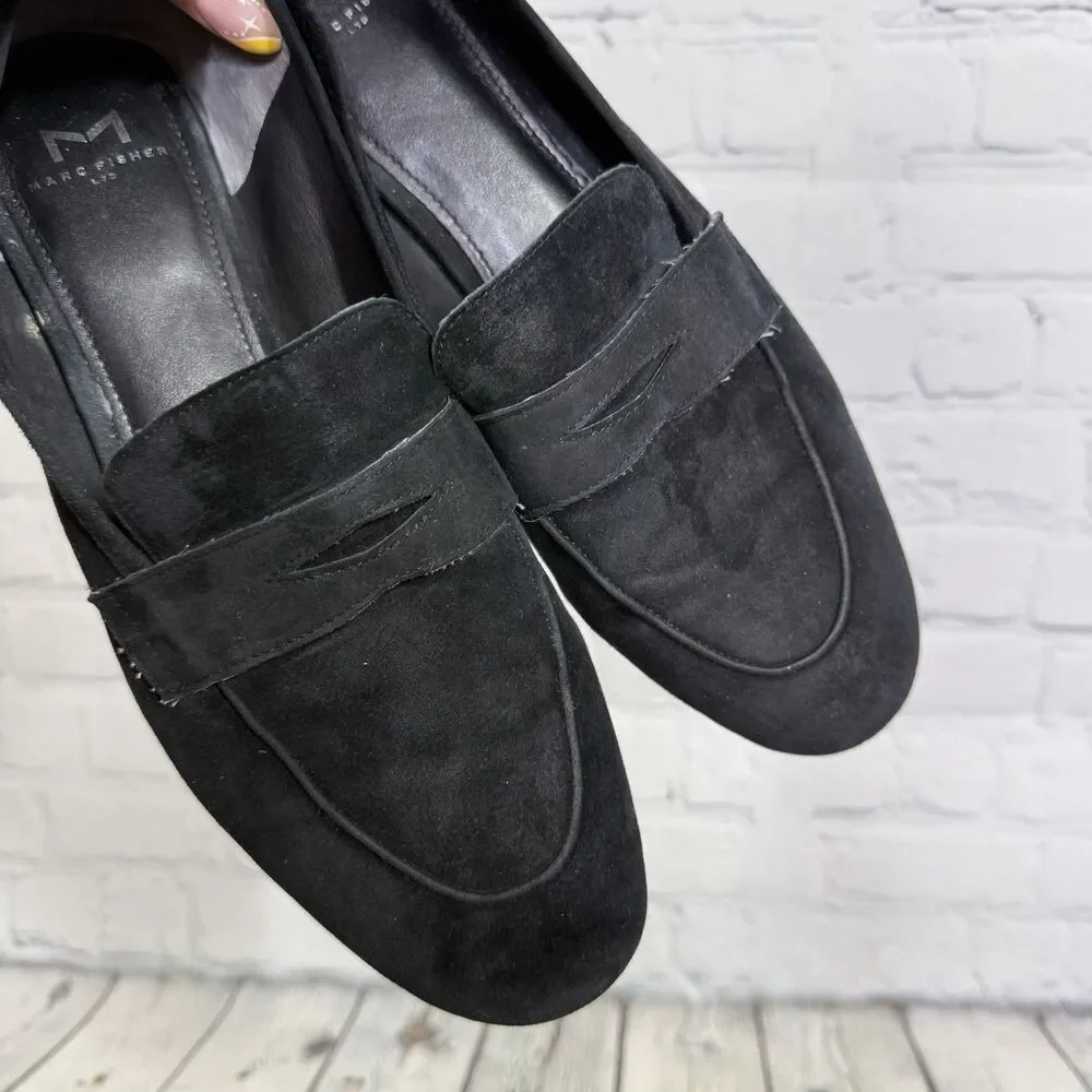 Marc Fisher Womens 9.5 Black Suede Penny Loafers Leather Slip On Flats Preppy